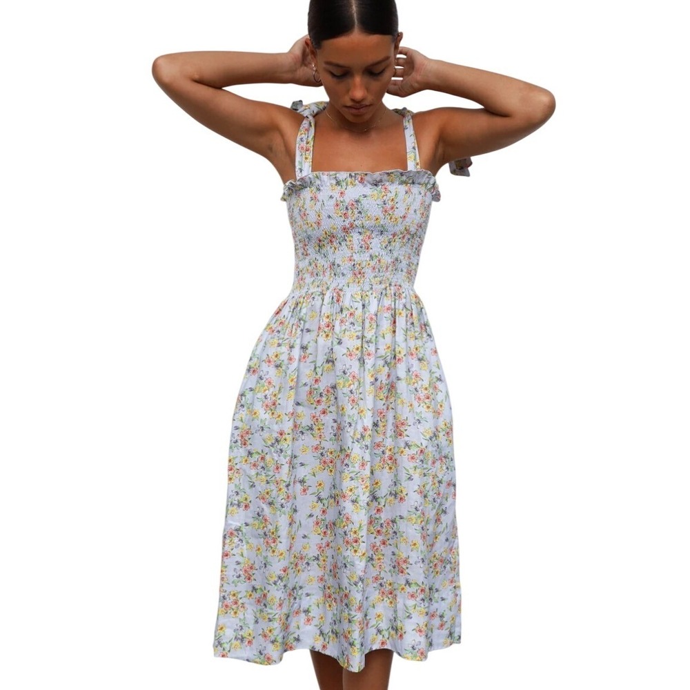 Hazel‎ + Folk Farrah Midi Dress Blue Linen Spring Bouquet XS